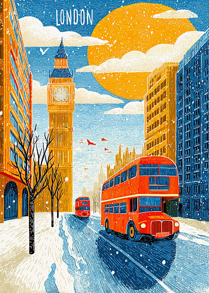 London Winter Scene with Red Buses