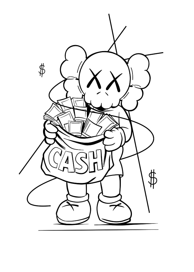 KAWS-style character with cash bag