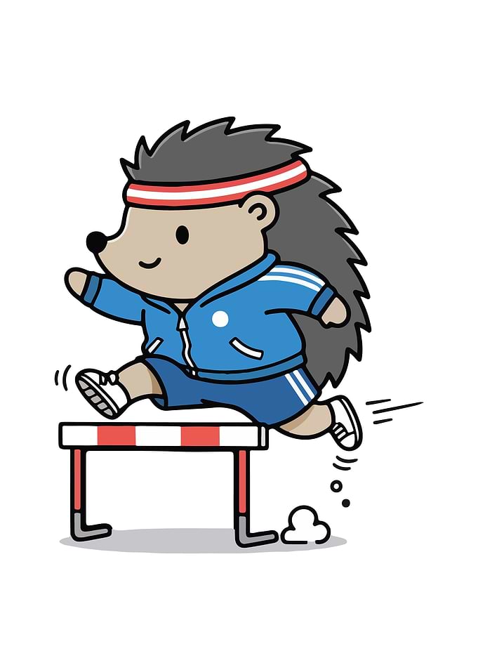 Cartoon Hedgehog Hurdling in Blue Tracksuit