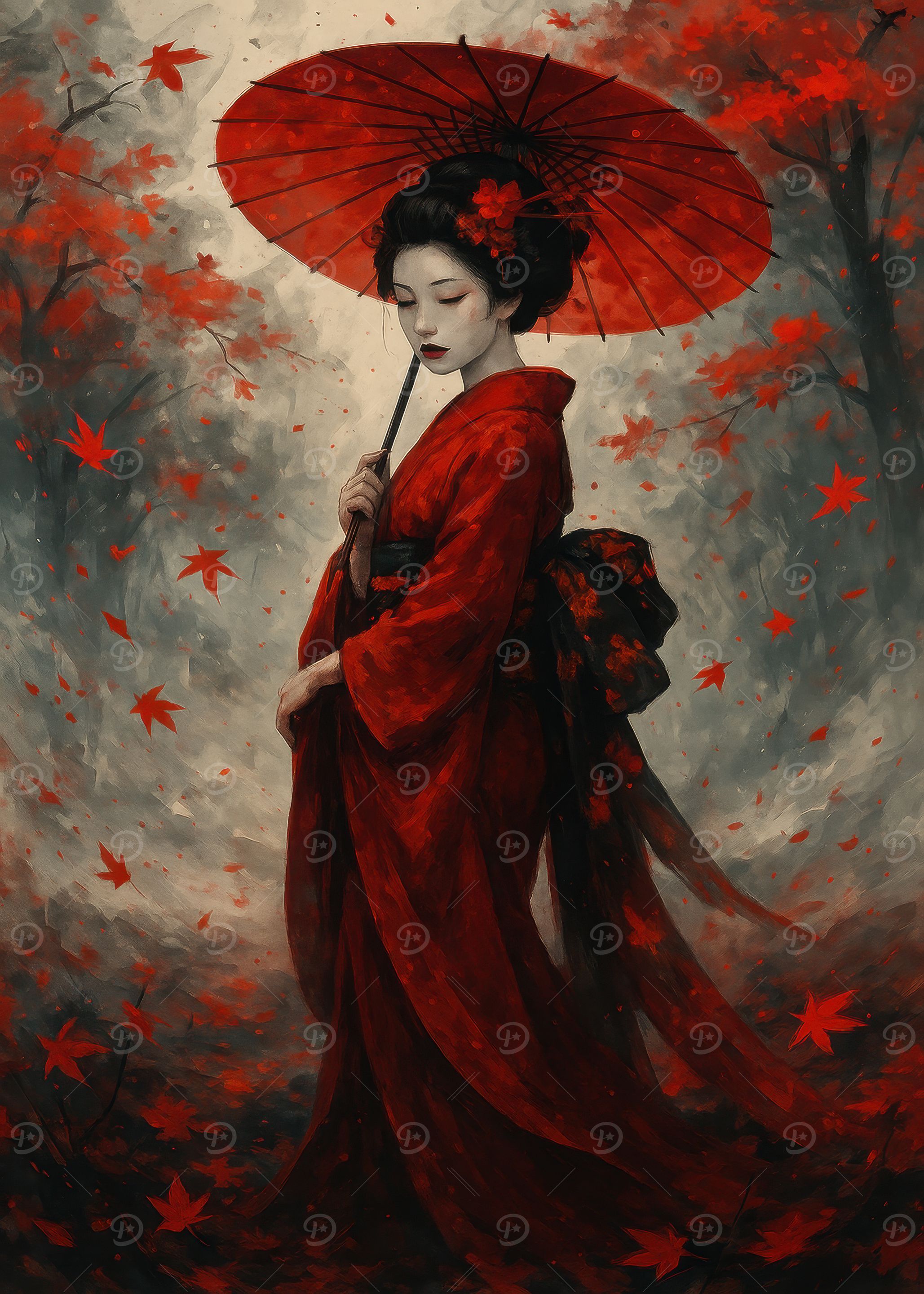 Geisha in Red Kimono with Umbrella