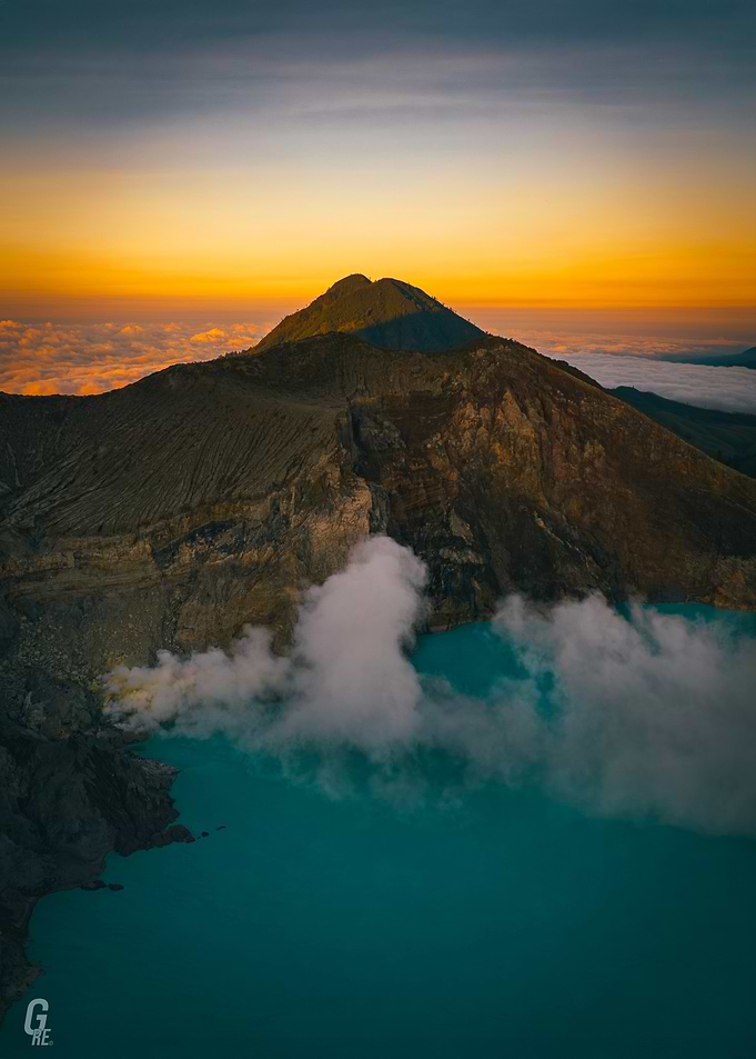 Volcano and Turquoise Lake at Sunrise