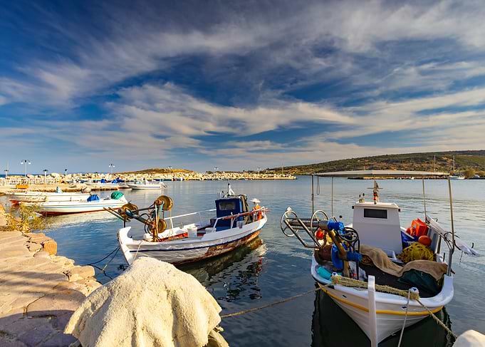Fishing Boats in a Calm Harbor, Greek Island