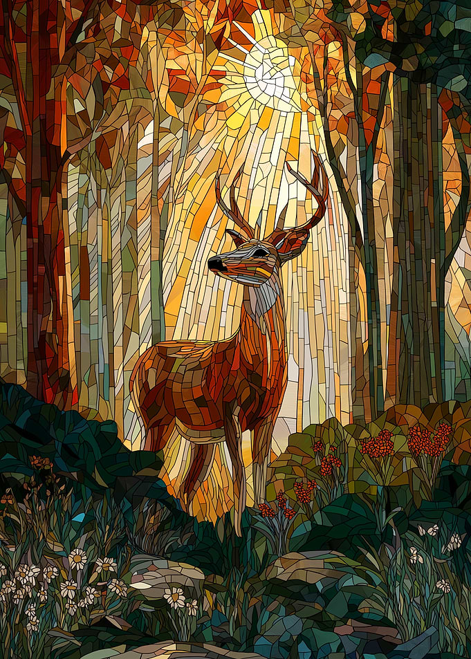 Stained Glass Deer in Forest