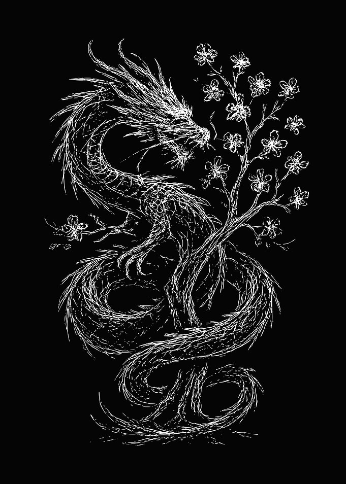 Dragon and Cherry Blossom Scribble Art