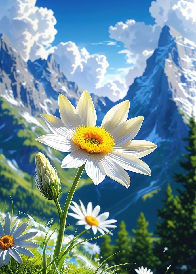 Daisy Field with Mountain Backdrop
