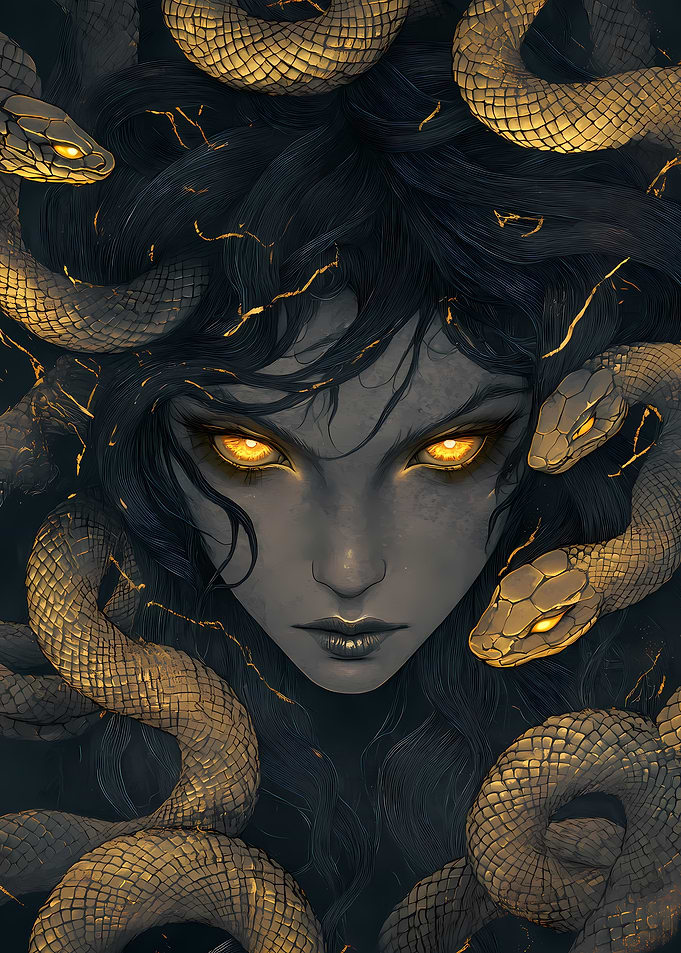 Medusa Portrait with Golden Snakes