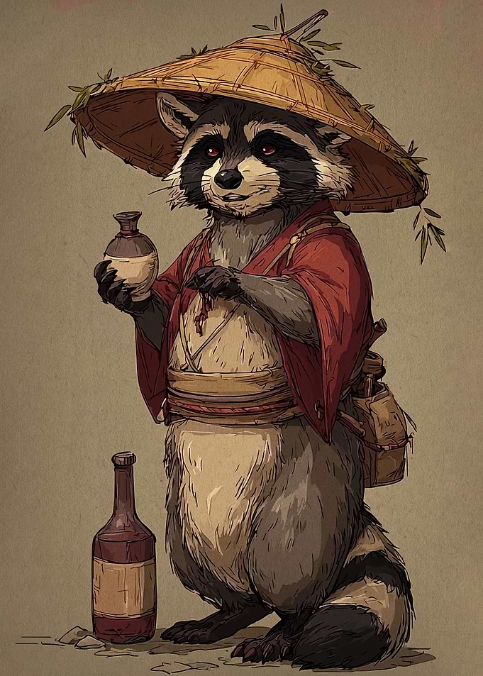 Anthropomorphic Raccoon Samurai with Sake