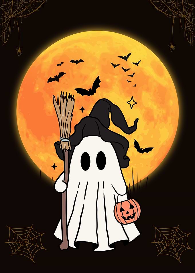 Halloween Ghost with Pumpkin and Broom