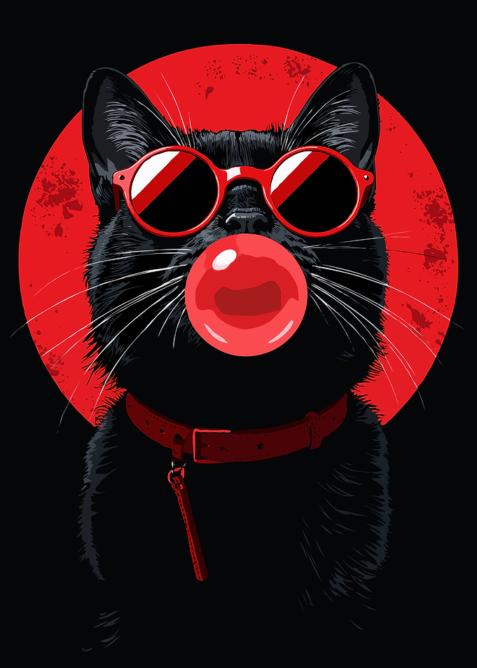 Black Cat with Bubblegum Digital Illustration