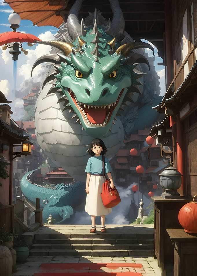 Anime Girl with Dragon in Cityscape