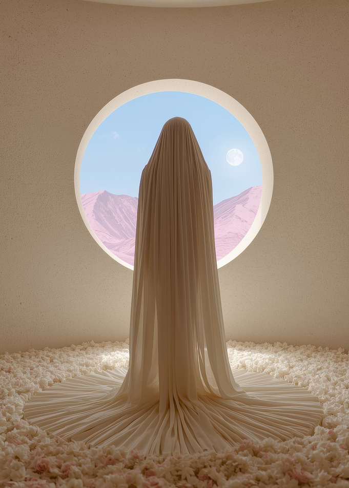 Surreal draped figure in a room