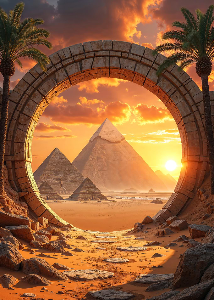 Egyptian Pyramids Through Stone Stargate at Sunset