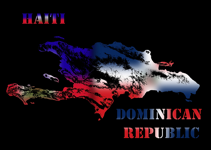 Haiti and Dominican Republic Topographic Relief Map blending terrain features into their colorful flags