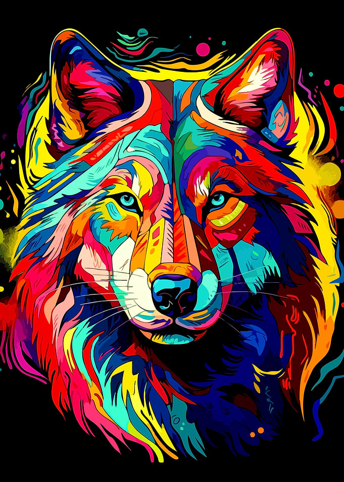 Colorful Wolf Portrait on Black Background