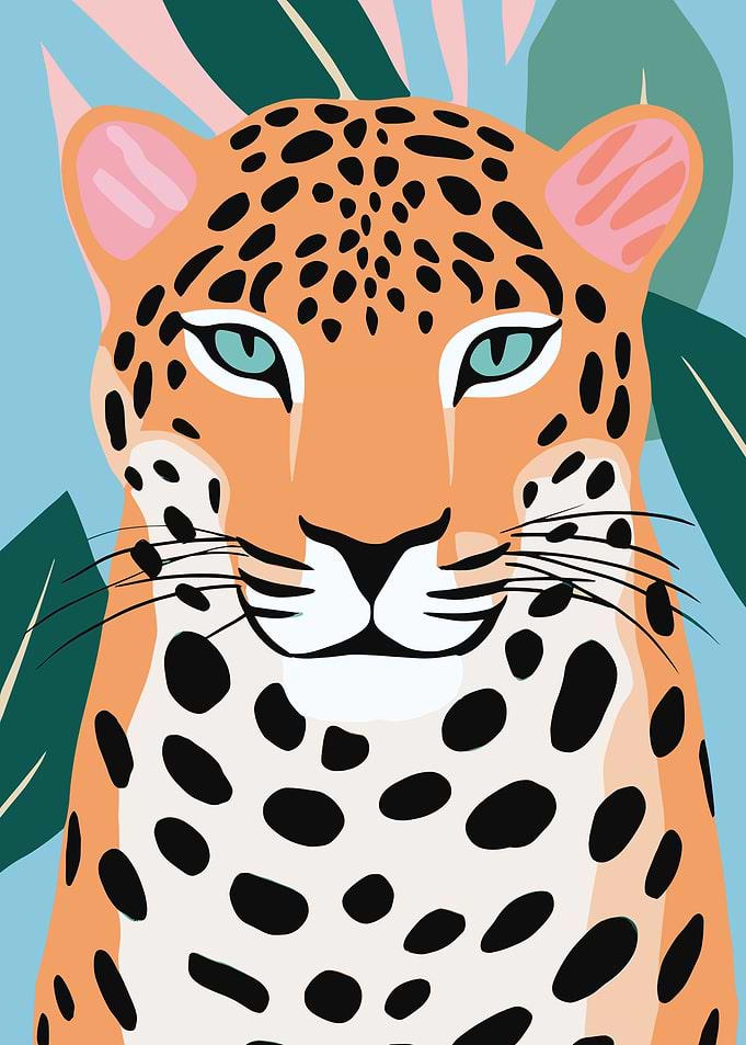Leopard Portrait with Tropical Leaves