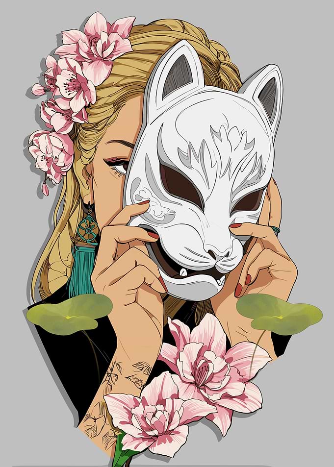 Woman with Kitsune Mask and Flowers