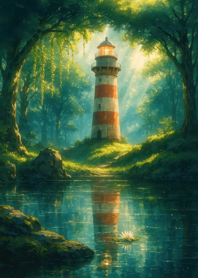 Lighthouse in Forest by the Lake