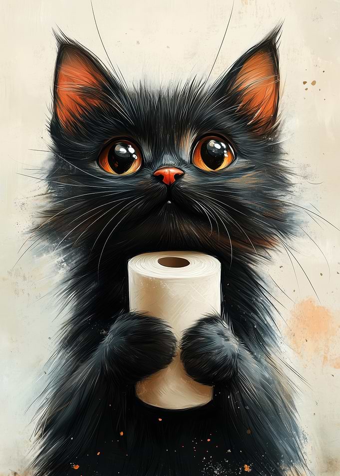 Black Cat with Toilet Paper Roll