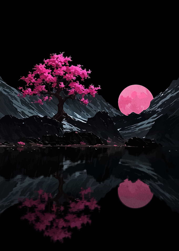 Pink Moon and Cherry Blossom Reflection