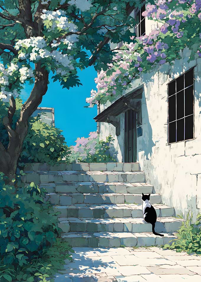 Floral Stairway with Cat Illustration