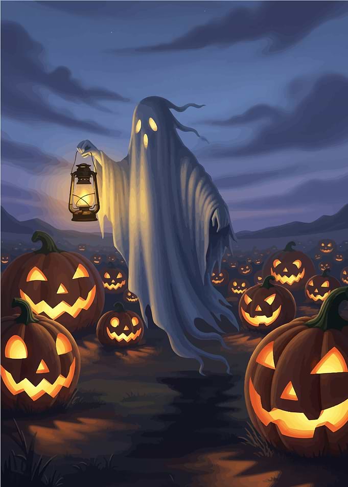 Halloween Ghost with Lantern and Pumpkins