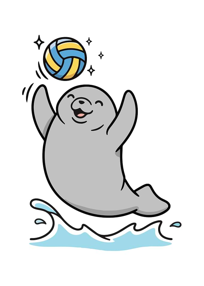 Cartoon Seal Playing Volleyball on Water