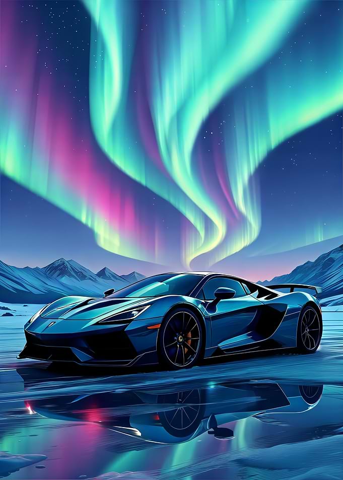 Blue Sports Car Under Aurora Borealis