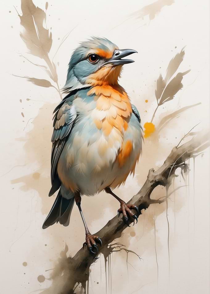 Watercolor Bird on Branch Illustration
