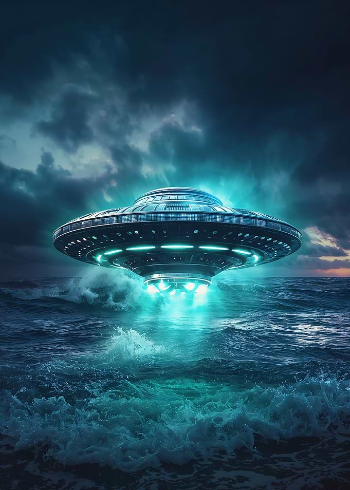 UFO over ocean with blue light