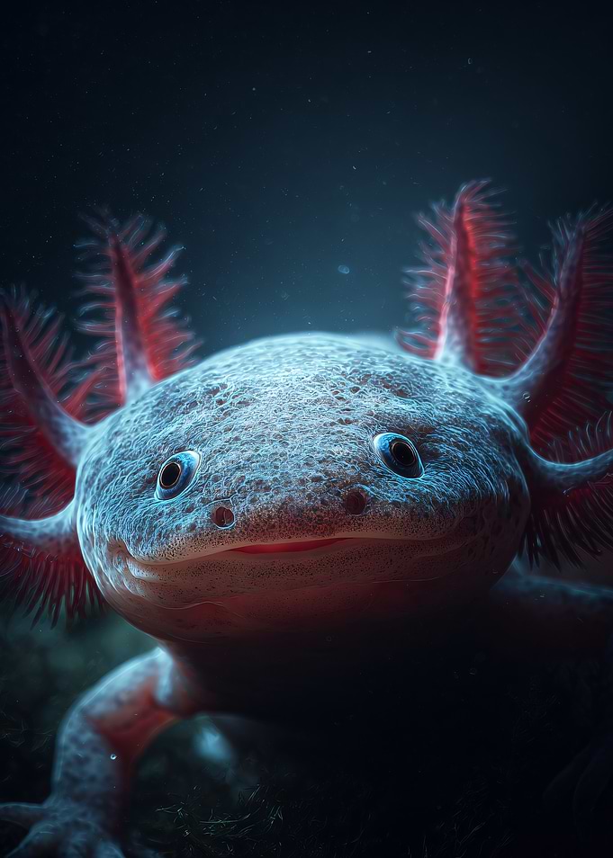 Axolotl Portrait in Dark Water