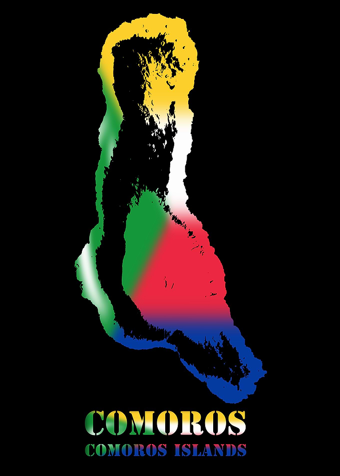 Comoros Islands Topographic Contour Relief Map blending terrain features into its emblematic colorful flag