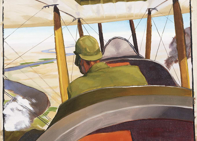 Biplane Flight over Landscape Painting