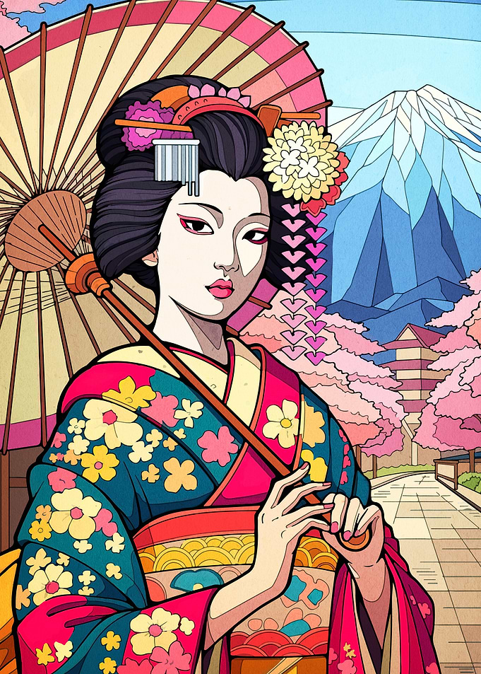 Geisha with Umbrella and Mount Fuji