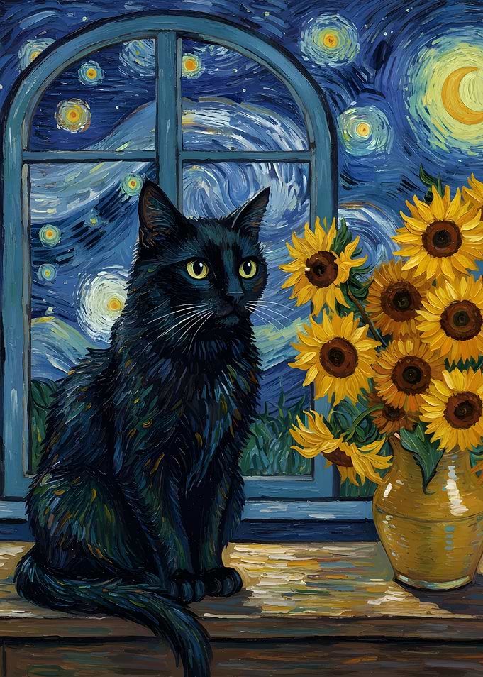 Black Cat with Sunflowers, Starry Night