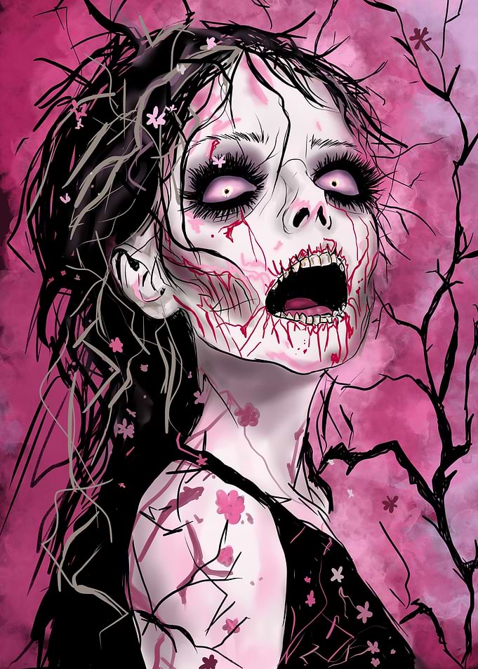Surrealistic Zombie Girl with Cherry Blossoms