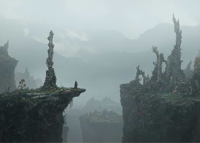 Misty Fantasy Landscape with Figure
