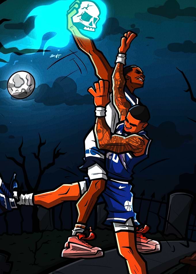 Basketball players with skull in graveyard
