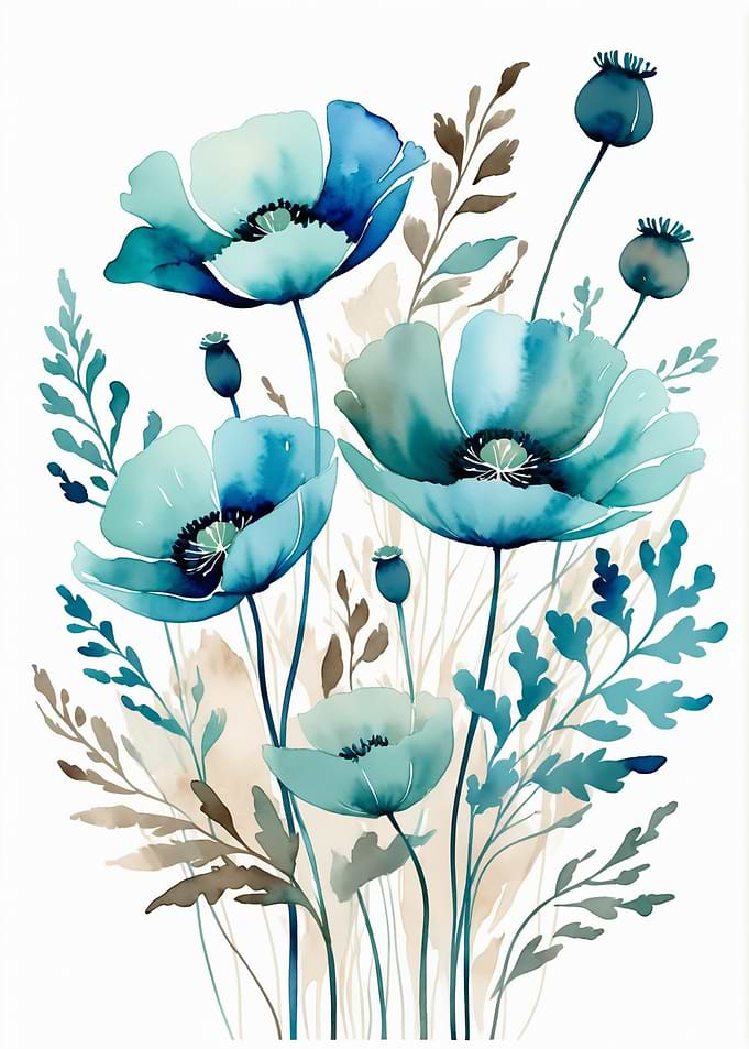 Watercolor Blue Poppy Floral Arrangement