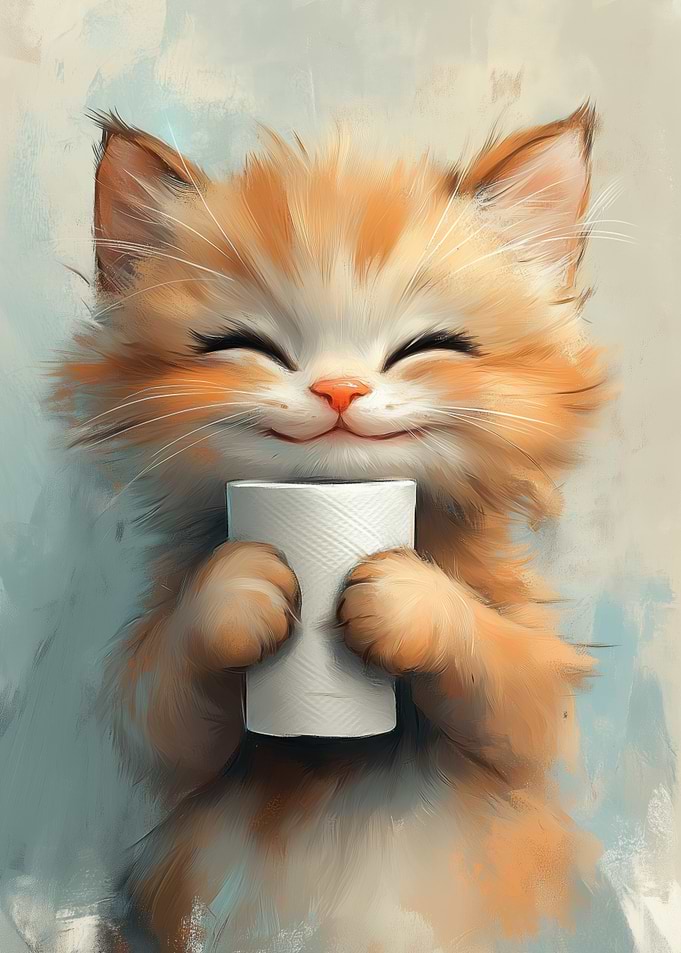 Smiling Cat Holding Toilet Paper Roll