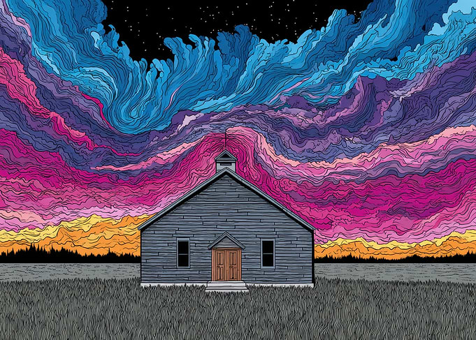Rural Church Under Colorful Sky