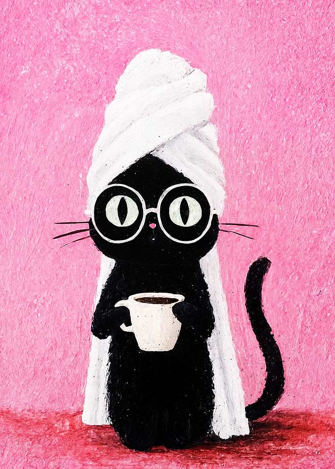Sophisticated Cat with Coffee and Towel