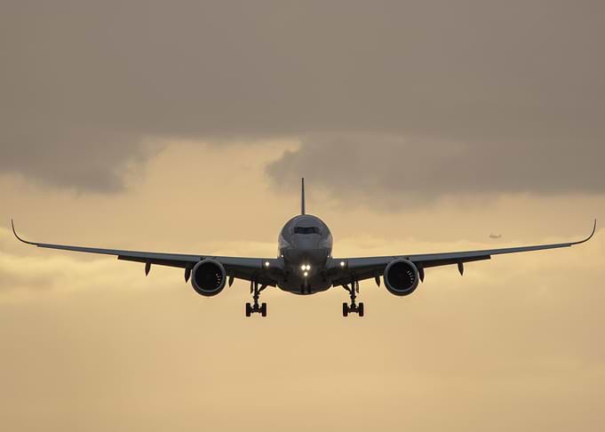Airbus A350 landing at Sunset