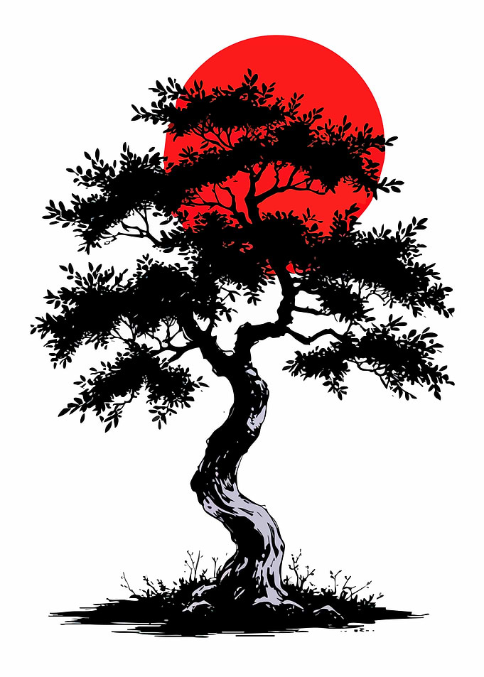 Bonsai Tree Silhouette with Red Sun