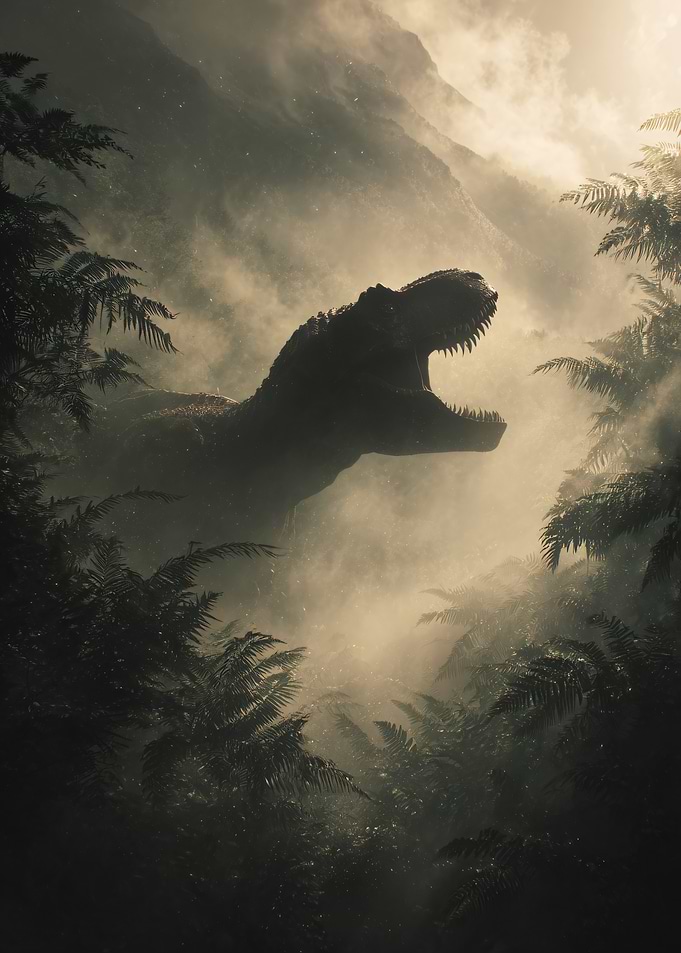Roaring T-Rex in Misty Jungle