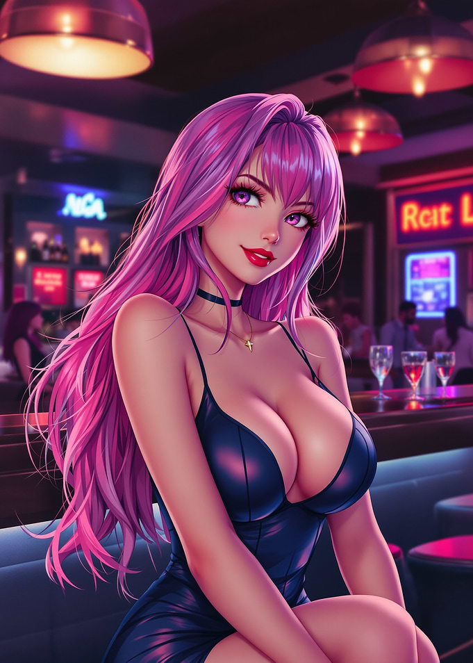 Anime Girl in Bar with Pink Hair