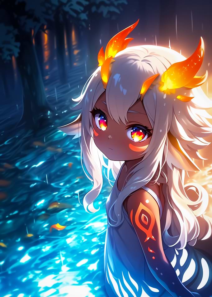 Dragon Anime Girl with Horns in Forest