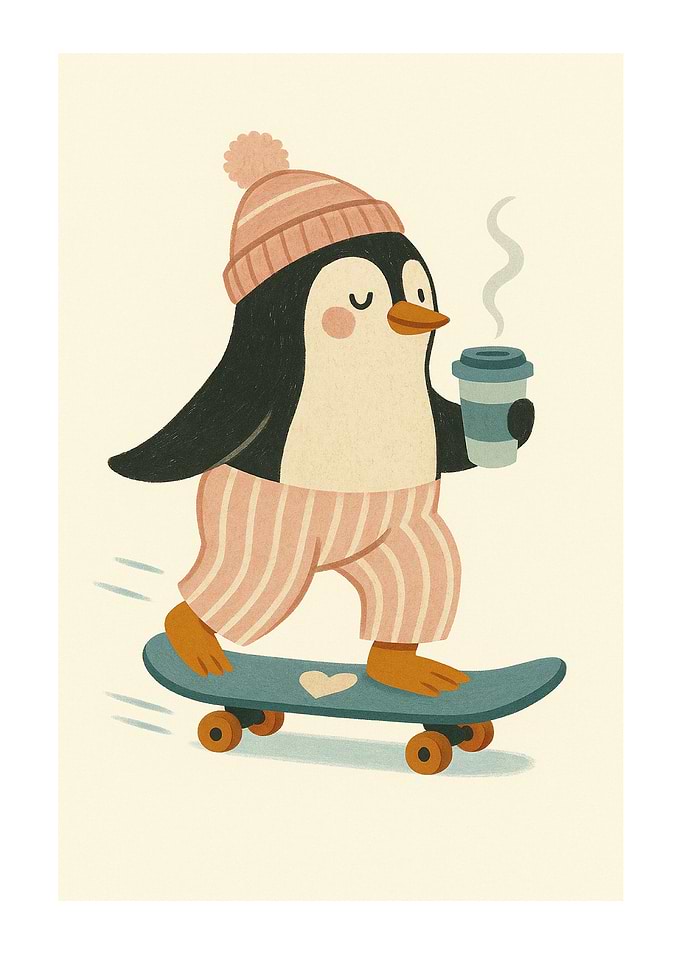 Penguin Skateboarder with Coffee