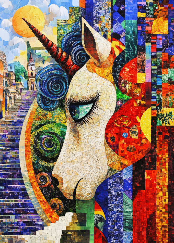 Mosaic Unicorn with Cityscape and Abstract Elements