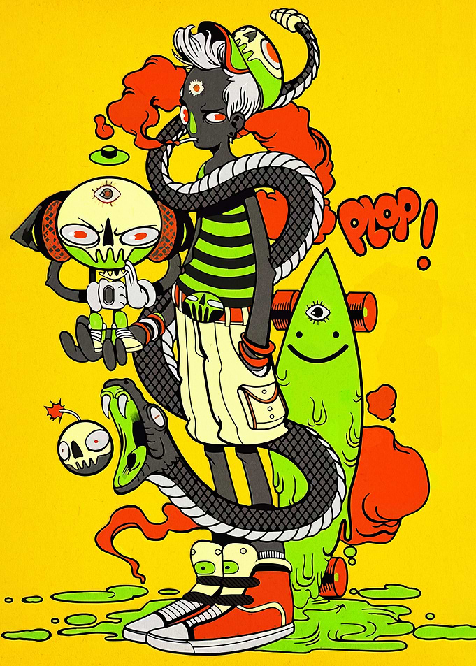 Cartoon Character with Snake and Skateboard