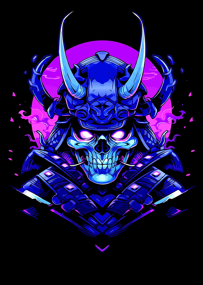 Blue Samurai Skull with Horned Helmet